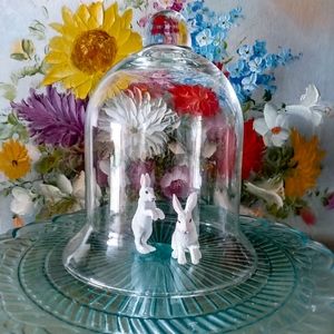 Sweet Glass Cloche With Miniature Rabbits